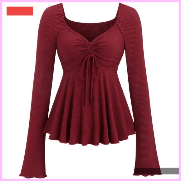 Women's Long Sleeve Peplum Top Sweetheart Neckline Tie Front Babydoll - Picture 1 of 4
